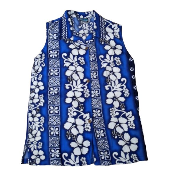 VTG Blue Sky Hawaiian Floral 100% Rayon Button Up Collared Sleeveless Blouse M - Picture 1 of 4